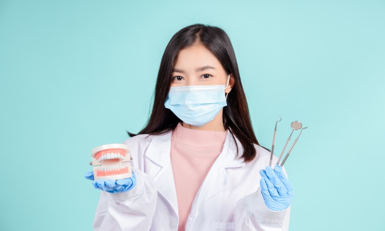 Asian dentists are teaching them how to care for oral and dental care, including after correct orthodontic treatment on blue background isolated studio shot.